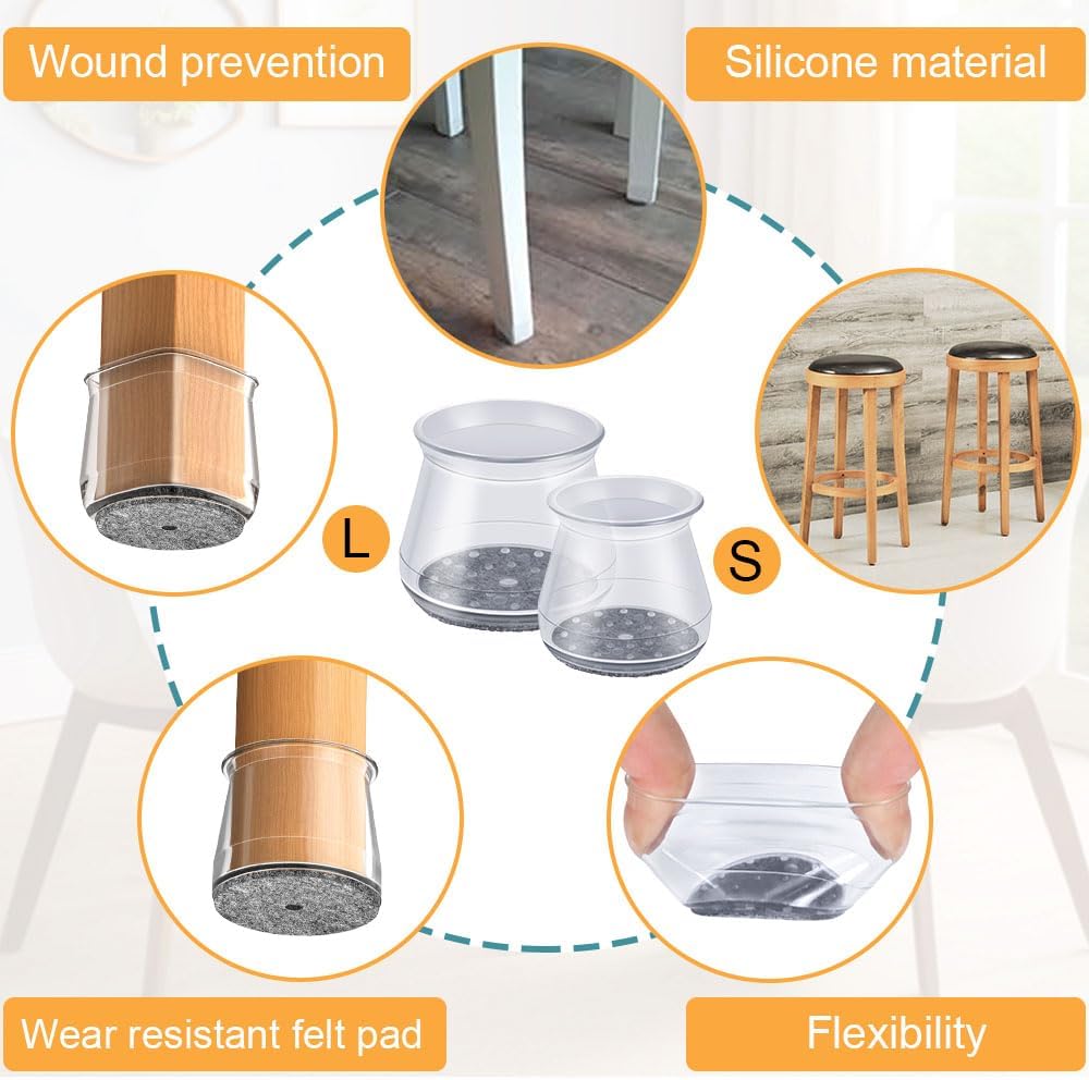 OASMU 32 Pcs Chair Leg Protectors – Silicone Felt Furniture Pads for Hardwood Floors, Scratch & Noise Protection, Fits 1.3"–2" Chair Feet (Clear)