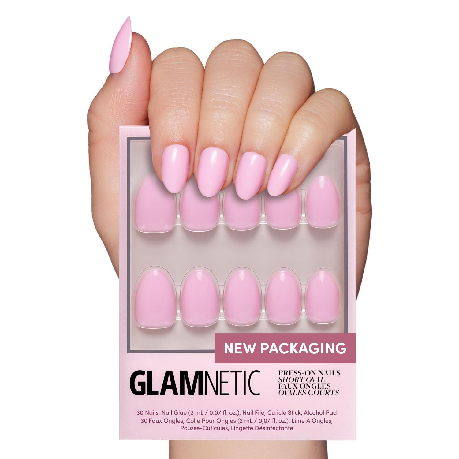 Glamnetic Press on Nails – Think Pink | Solid Opaque Light Pastel Pink Short Oval Nails, Reusable | 15 Sizes – 30 Nail Kit