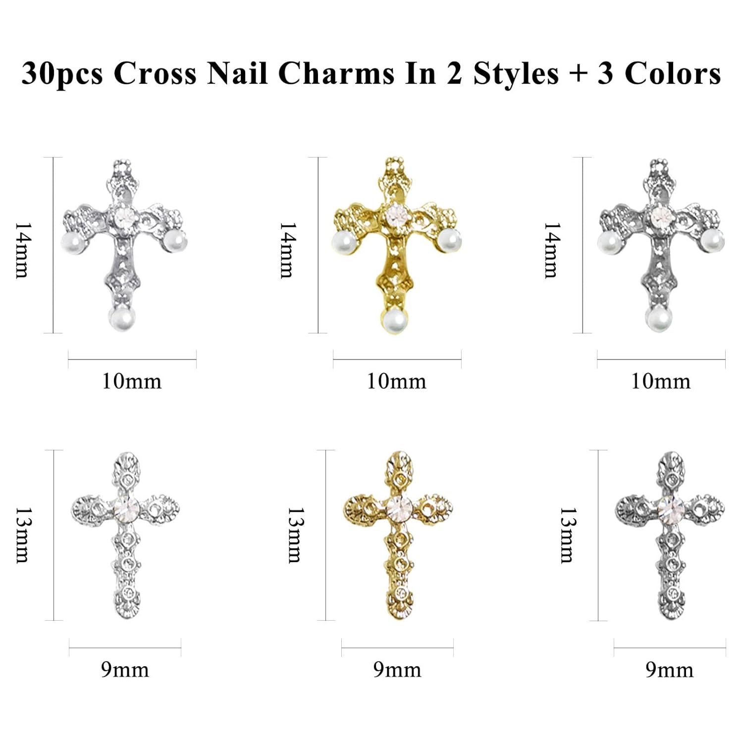 3D Cross Nail Charms – 30pcs Gold & Silver Metal Alloy Crystal Rhinestones for Nail Art, DIY Jewelry & Crafts