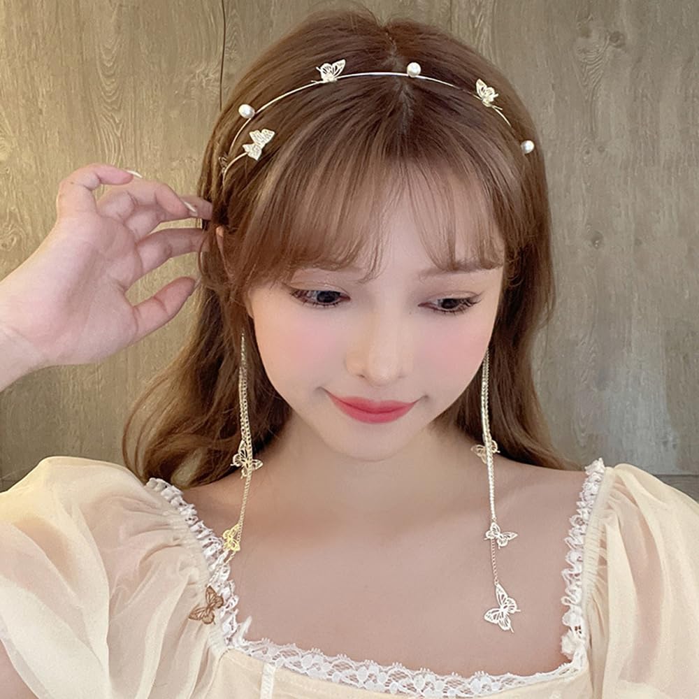 DonLeeving Gold Butterfly Crystal Tassel Headband – Rhinestone Hair Chain with Fake Earrings for Women & Girls