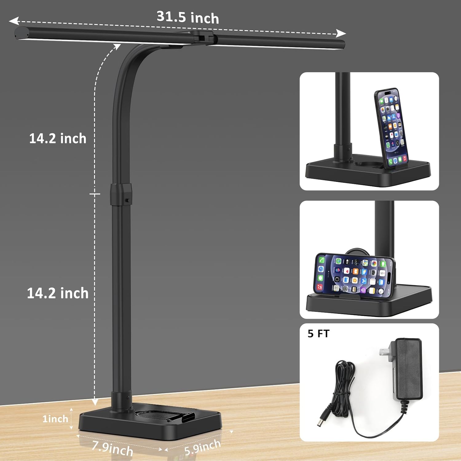 GAEFURY 24W LED Desk Lamp with Phone Holder – Adjustable Gooseneck Office Lamp, 25 Lighting Modes, Touch Control