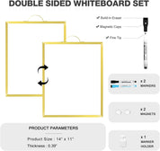 Double-Sided Magnetic White Board Dry Erase Board, 14"x11" Hanging Portable Whiteboard for Wall – Gold