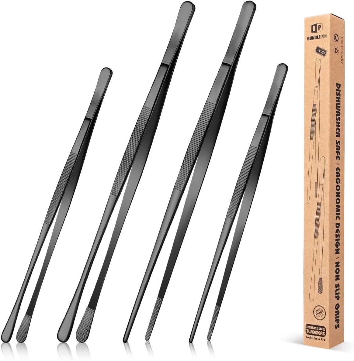 4 Pcs Fine Long Tweezer Tongs – 12" and 10" Professional Stainless Steel Tweezers for Kitchen, BBQ, Seafood, and Repairs (Black)