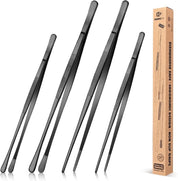 4 Pcs Fine Long Tweezer Tongs – 12" and 10" Professional Stainless Steel Tweezers for Kitchen, BBQ, Seafood, and Repairs (Black)