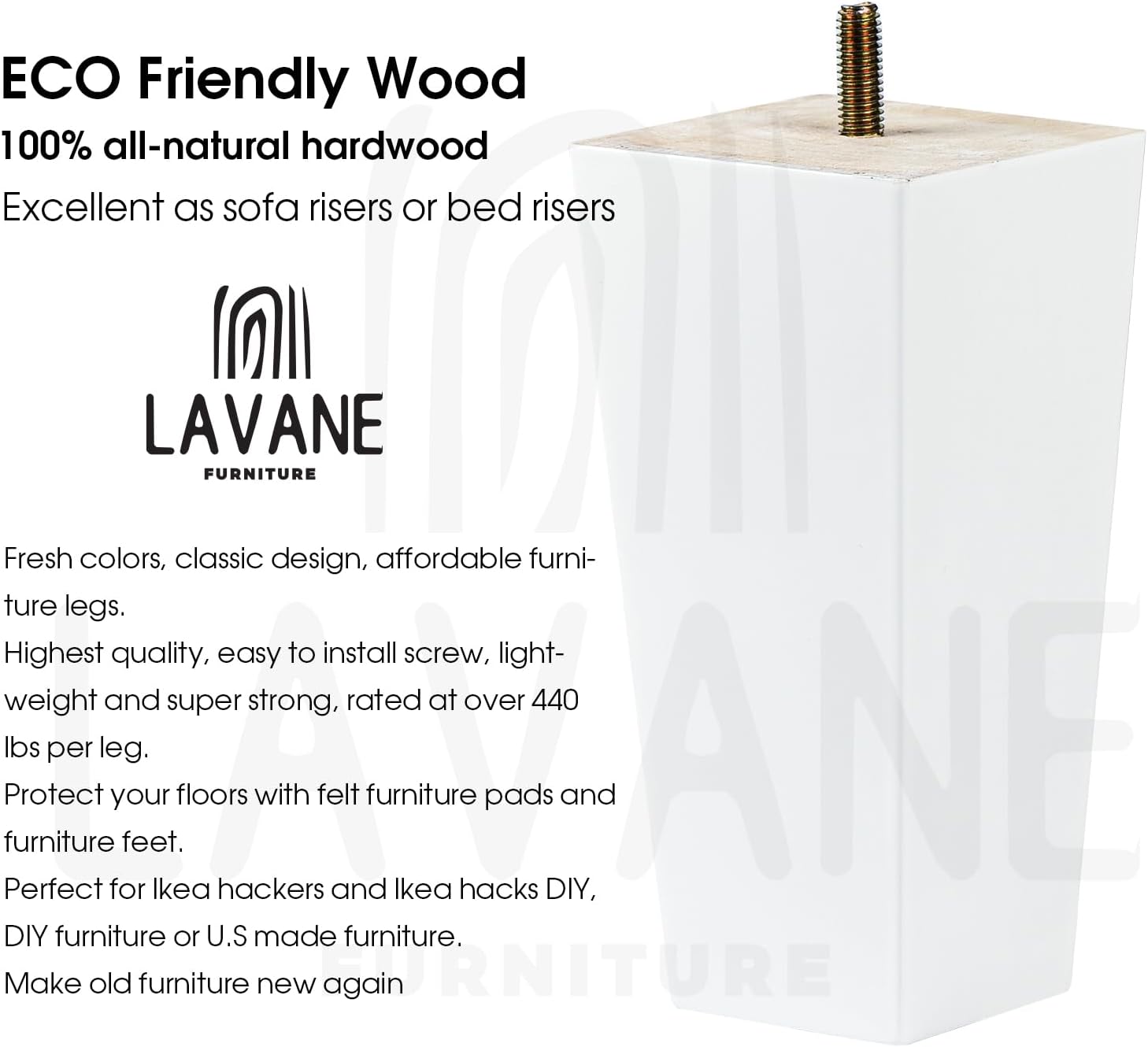 6-Inch Wooden Furniture Legs – Set of 4 – Solid Wood Square Bun Feet – White Mid-Century Modern Style