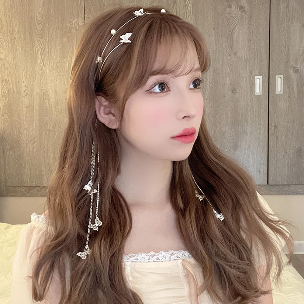DonLeeving Gold Butterfly Crystal Tassel Headband – Rhinestone Hair Chain with Fake Earrings for Women & Girls