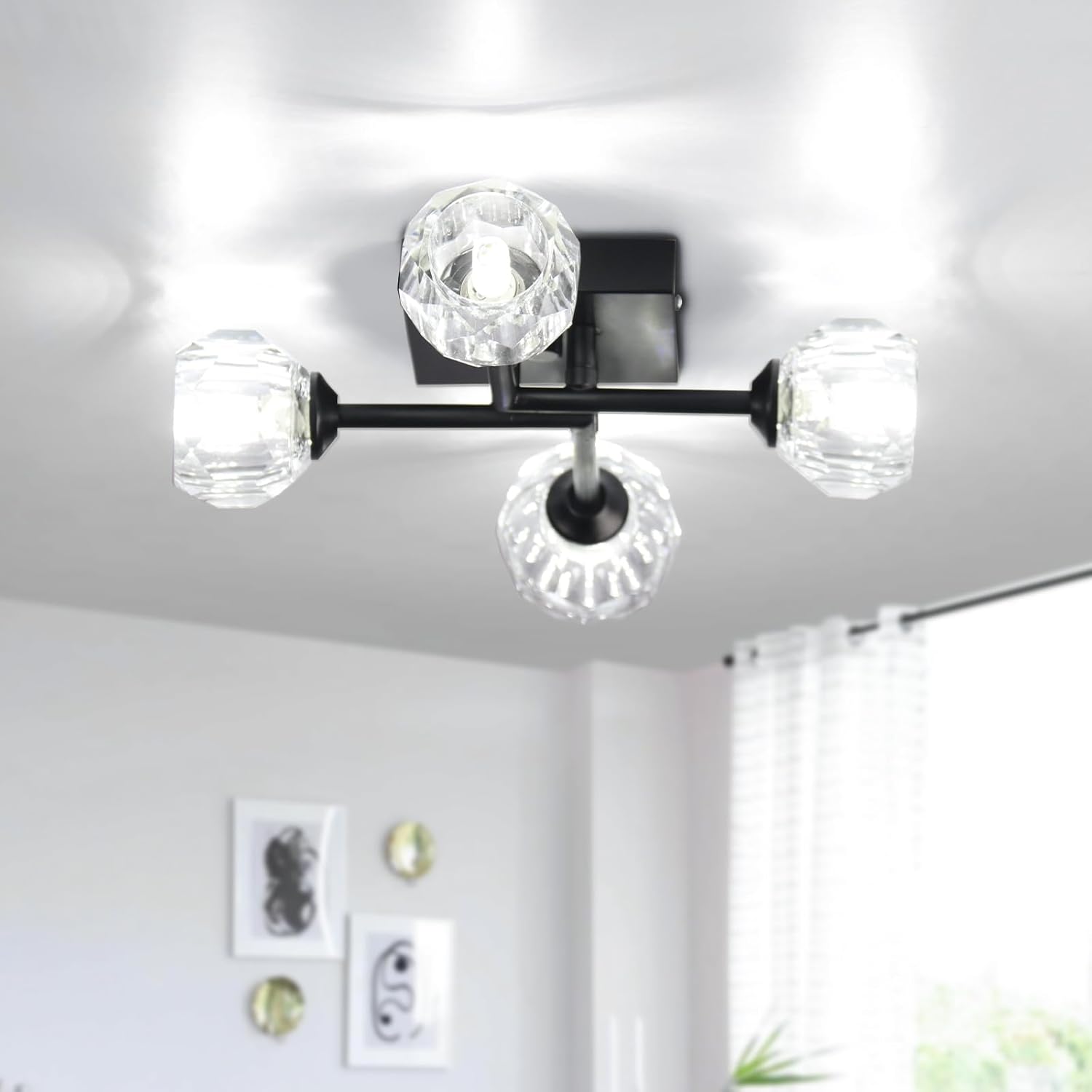 Sputnik Black Crystal 4-Light Semi Flush Mount Ceiling Light – Modern Industrial Chandelier with Round Crystal Shades, G9 LED Compatible