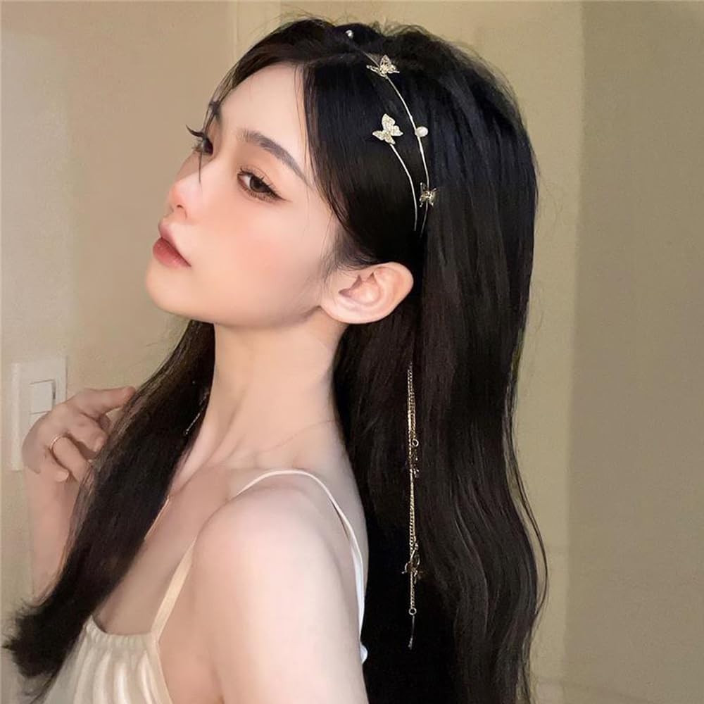 DonLeeving Gold Butterfly Crystal Tassel Headband – Rhinestone Hair Chain with Fake Earrings for Women & Girls
