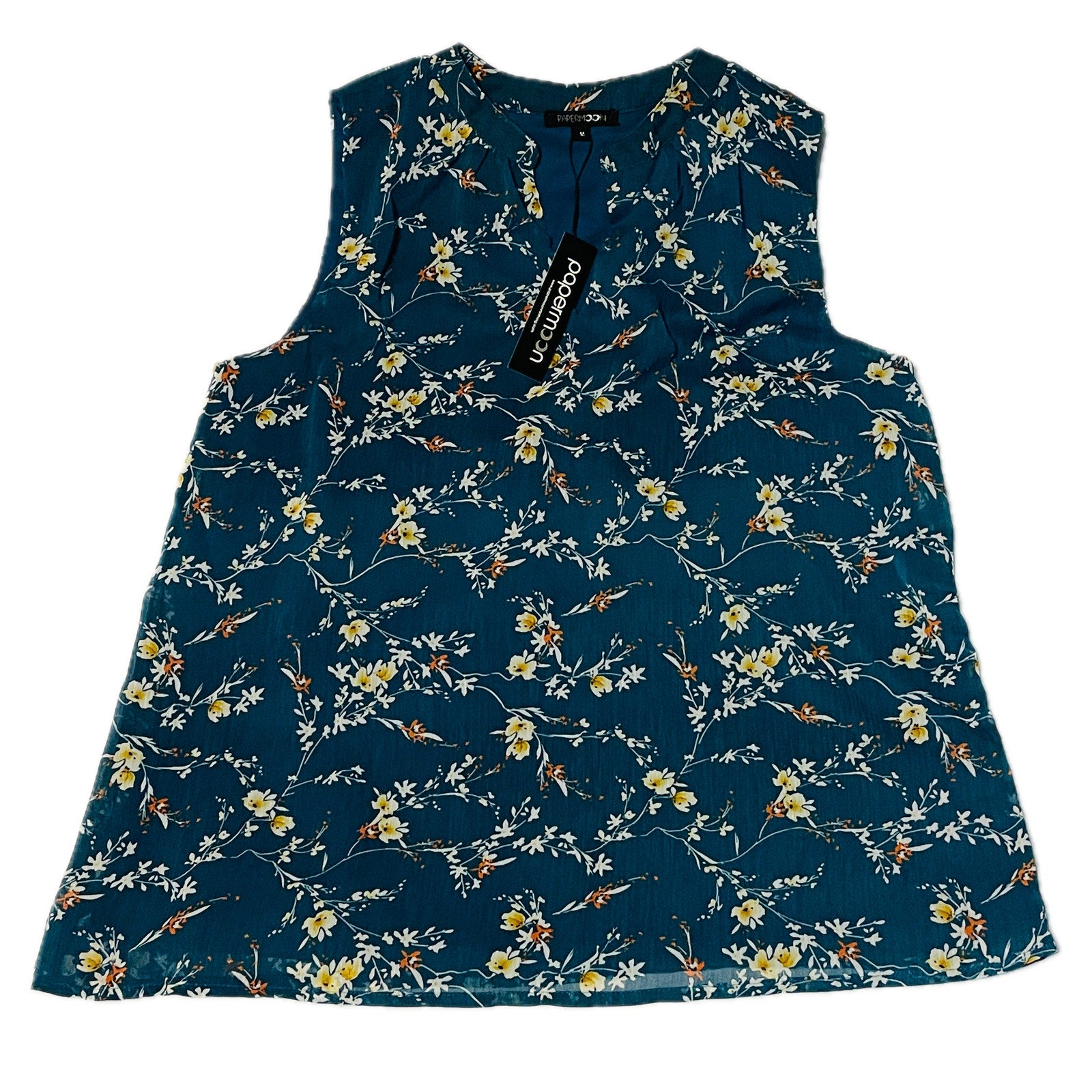 Papermoon Women's Lined Sleeves V-Neck Top – Floral Print, Blue, Size Medium