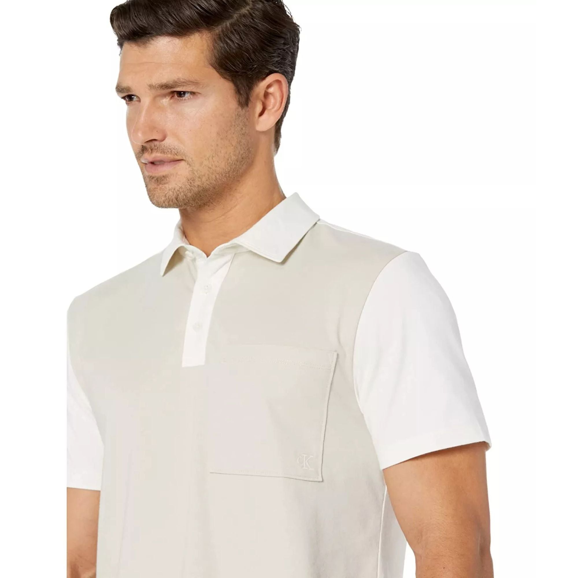 Calvin Klein Mens Colorblock Short Sleeve Polo Shirt, Beige - Medium