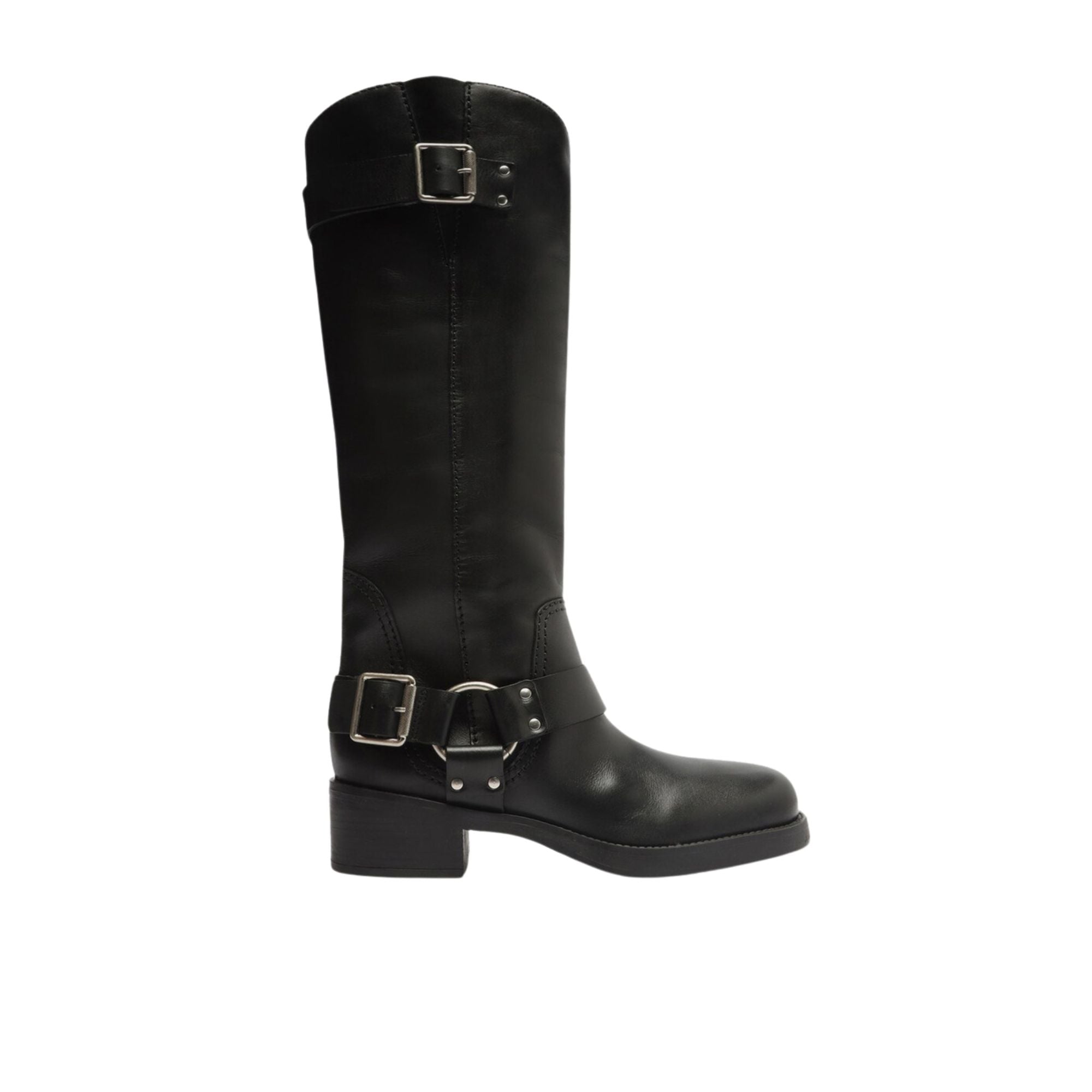Arezzo Women's Long Shaft Leather Boots with Buckle Detail – Black, Size 9.5