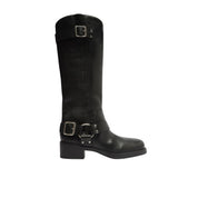 Arezzo Women's Long Shaft Leather Boots with Buckle Detail – Black, Size 9.5