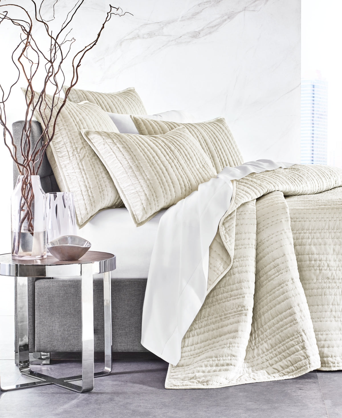 Queen Velvet Coverlet Set Ivory – Luxury Hotel Style, Variegated Stripe