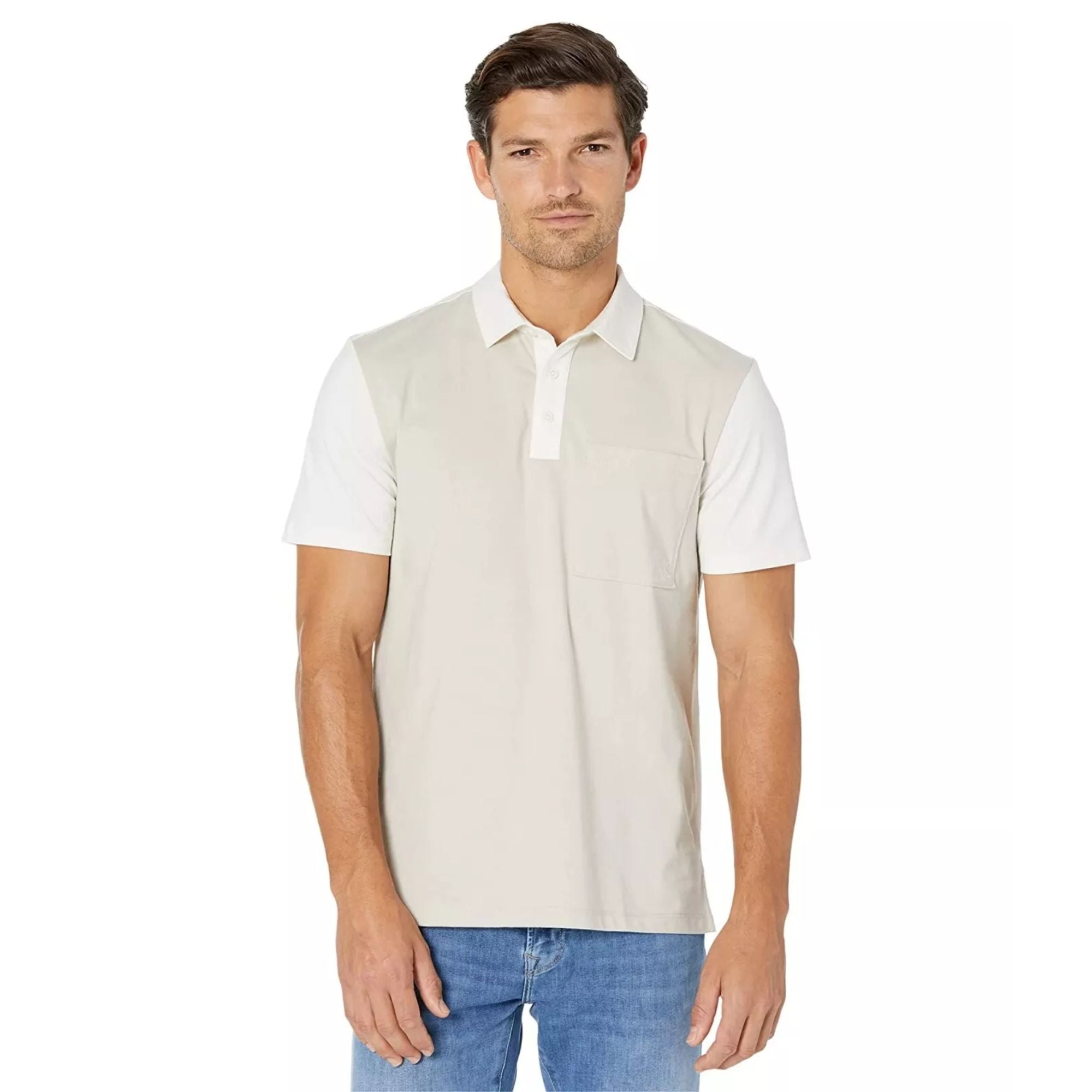 Calvin Klein Mens Colorblock Short Sleeve Polo Shirt, Beige - Medium