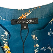 Papermoon Women's Lined Sleeves V-Neck Top – Floral Print, Blue, Size Medium