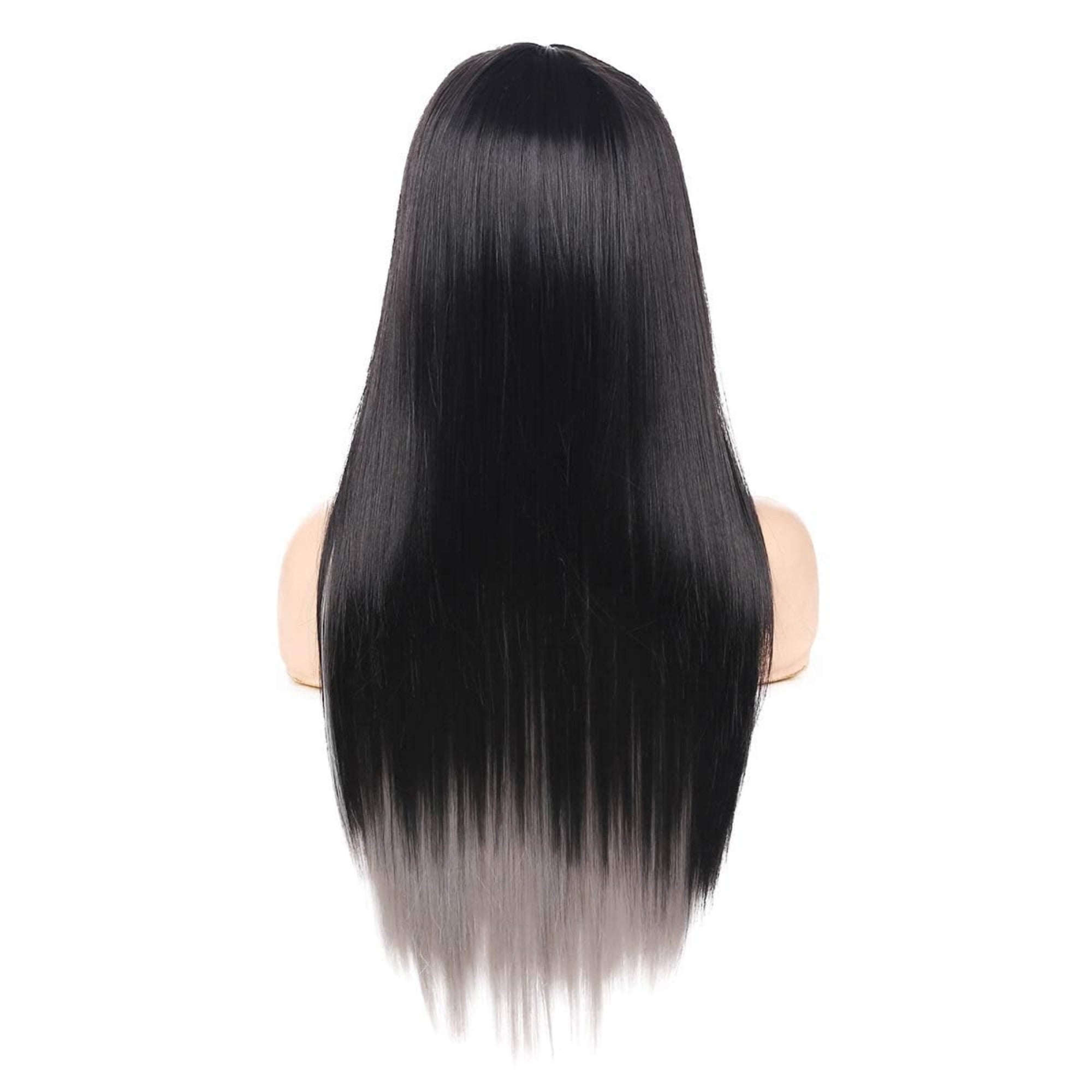Baruisi Long Black & Grey Wig – Silky Straight Synthetic Costume Wig with Side Bangs, Heat Resistant
