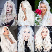 YBYMCAI Long White Wavy Wig – 26" Middle Part Cosplay Wig, Heat Resistant Synthetic Fiber, Modern Style