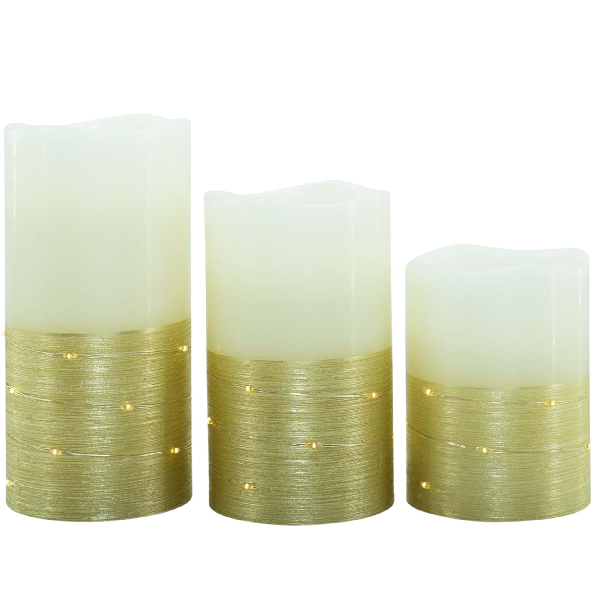 H-BLOSSOM Flickering Flameless Candles, Real Wax Pillar with Embedded String Lights, LED Battery Operated Candles with Remote & 5H Timer - Set of 3 (Gold, 3" x 4"/5"/6")