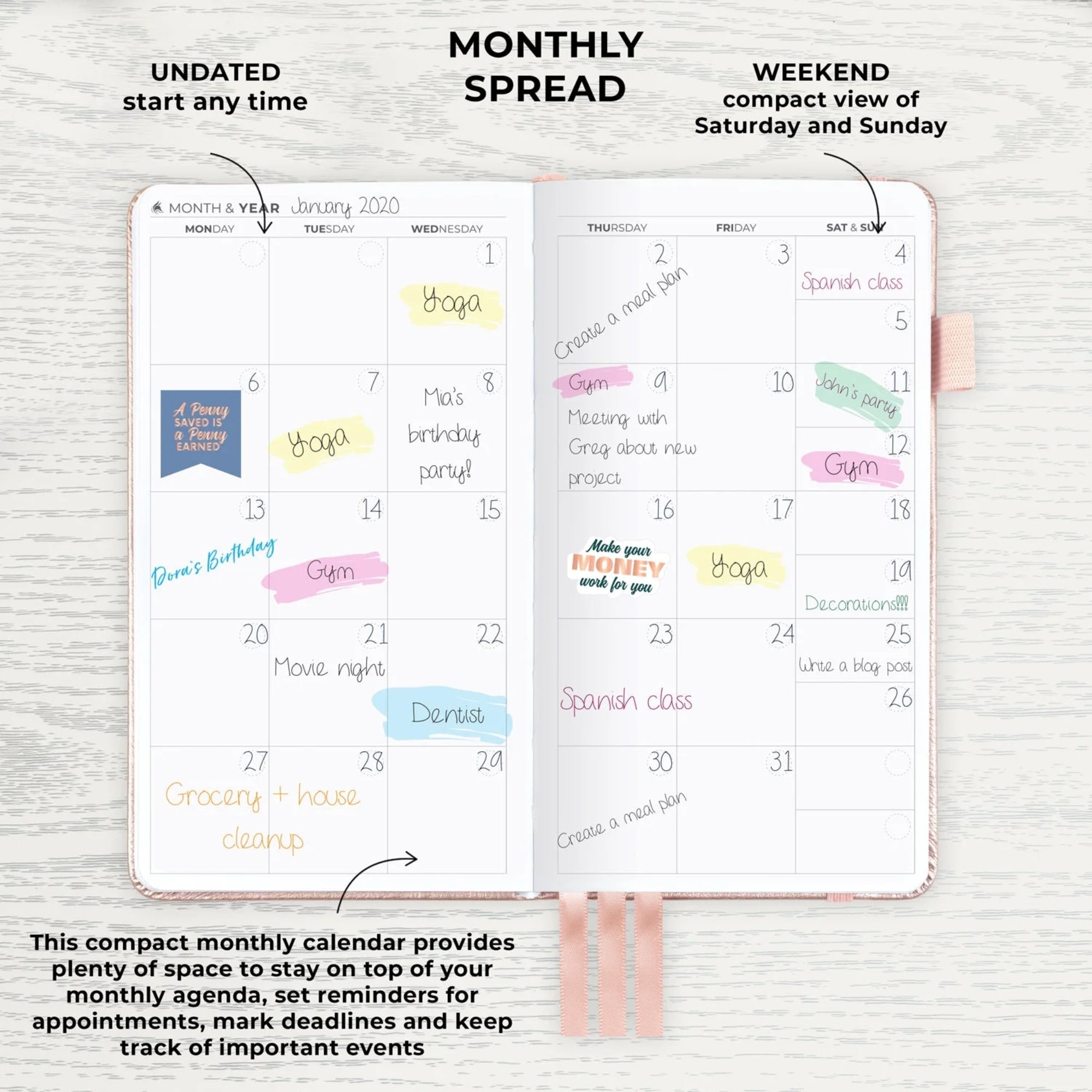 Clever Fox Pocket Planner Weekly – Undated Mini Goal & Productivity Calendar, Purse Size 3.7" x 6.7", Rose Gold