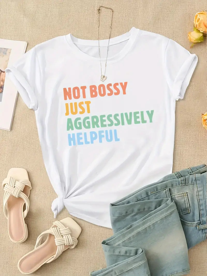 Women's Casual Sporty T-Shirt with Unique Letter Print - Size 9, Gray Green