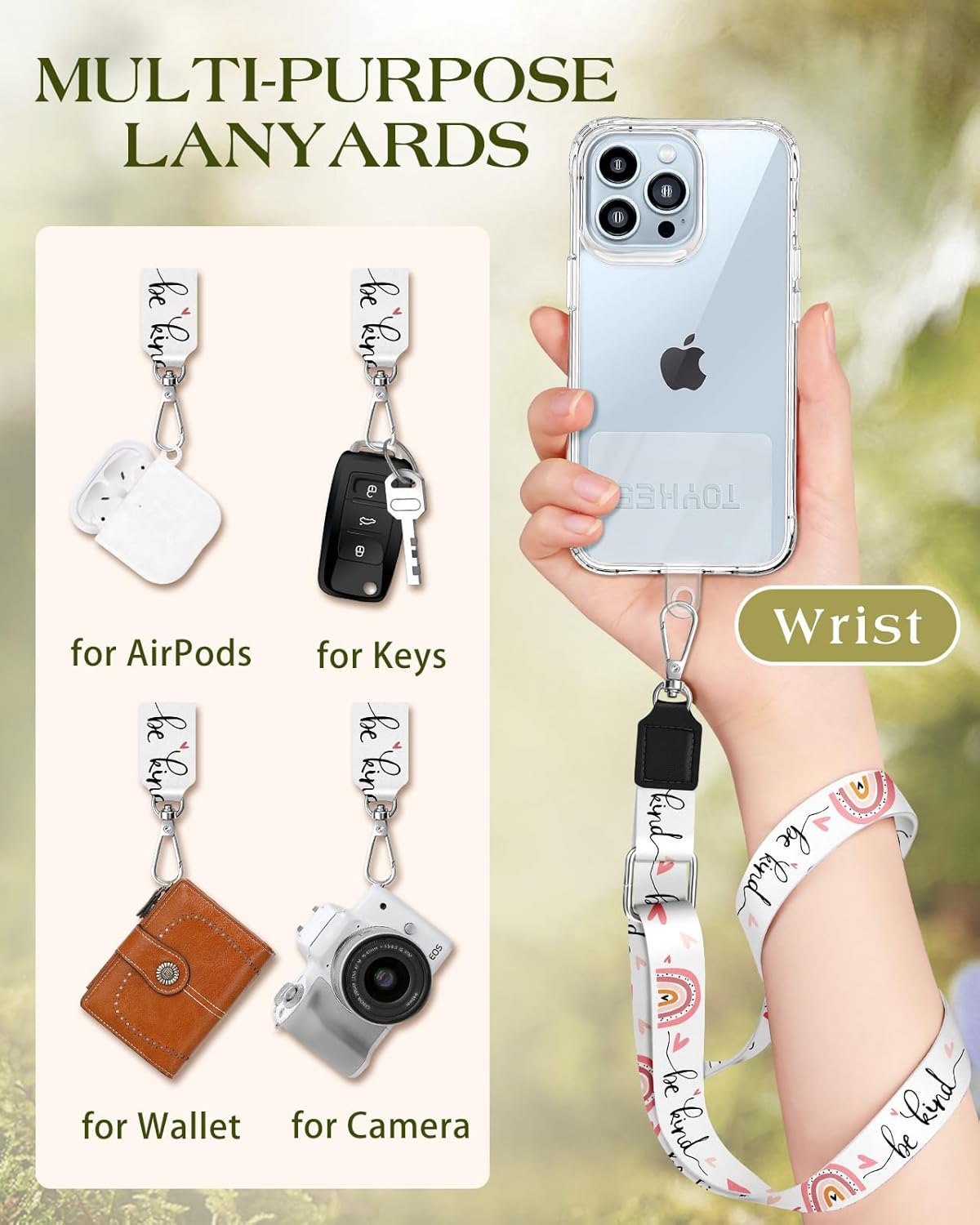 3-in-1 Phone Lanyard Strap Crossbody – 2 Pack for iPhone & Cell Phones – Adjustable Neck Strap with Tab & Key Ring (Black + “Be Kind” Design)