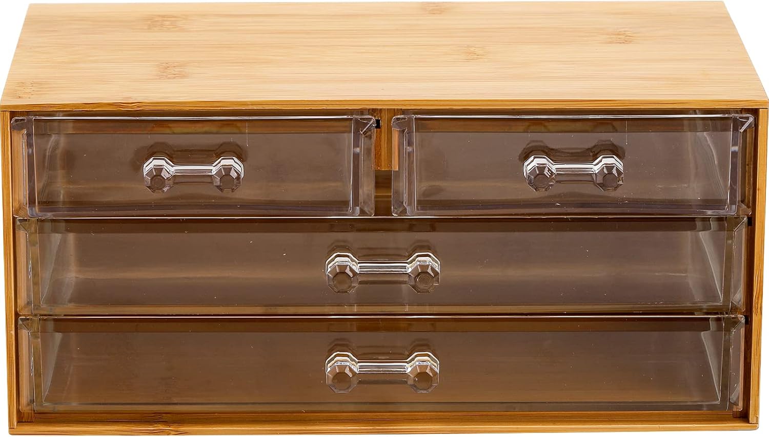 Okllen Bamboo Cosmetic Storage Organizer – Portable Desktop Display Case with 4 Clear Acrylic Drawers – Skincare, Makeup, Jewelry & Hair Accessories Organizer for Bathroom Counter