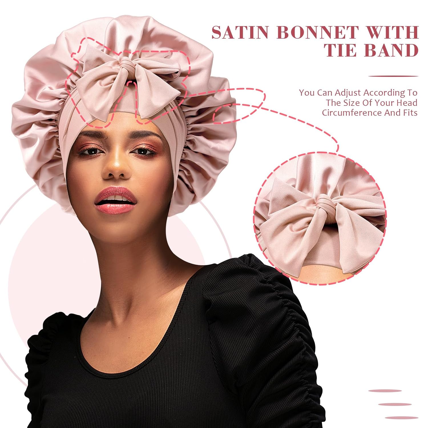 Satin Hair Bonnet with Wide Tie Band – Silk Sleeping Cap for Women & Girls, Light Pink