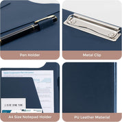 ProCase A4 Clipboard Folder – PU Leather File Organizer with Lid, Document Pockets, and Pen Holder, Dark Blue