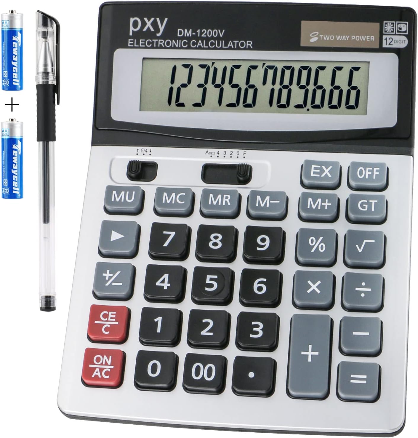 PXY 12-Digit Desk Calculator – Extra Large LCD Display, Big Buttons, Dual Power, Grey
