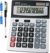 PXY 12-Digit Desk Calculator – Extra Large LCD Display, Big Buttons, Dual Power, Grey