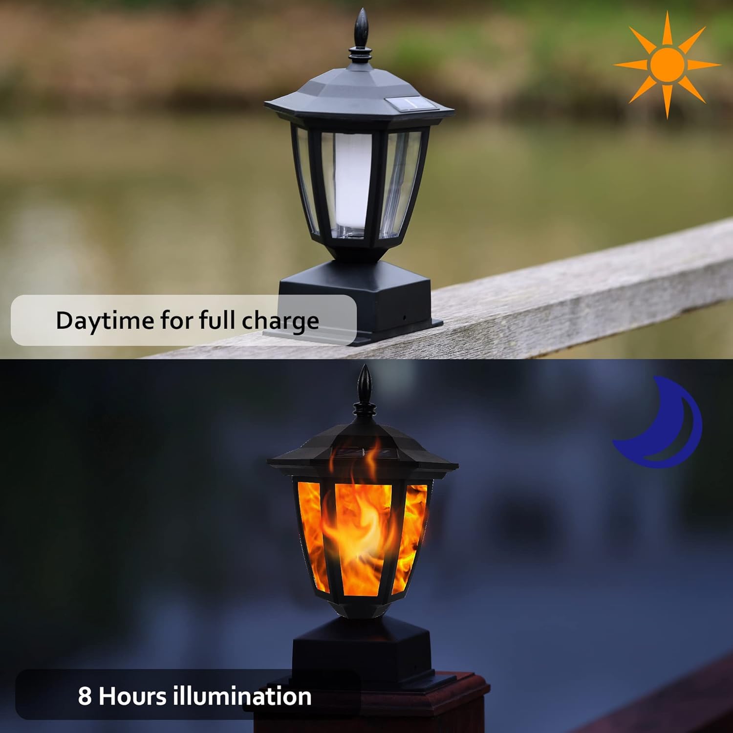 Dynaming Solar Flame Post Cap Lights – 2 Pack Outdoor Waterproof LED Lanterns for 4x4, 5x5, 6x6 Wooden Fence Posts – Flickering Flame, Solar Powered, Garden Patio Deck Light