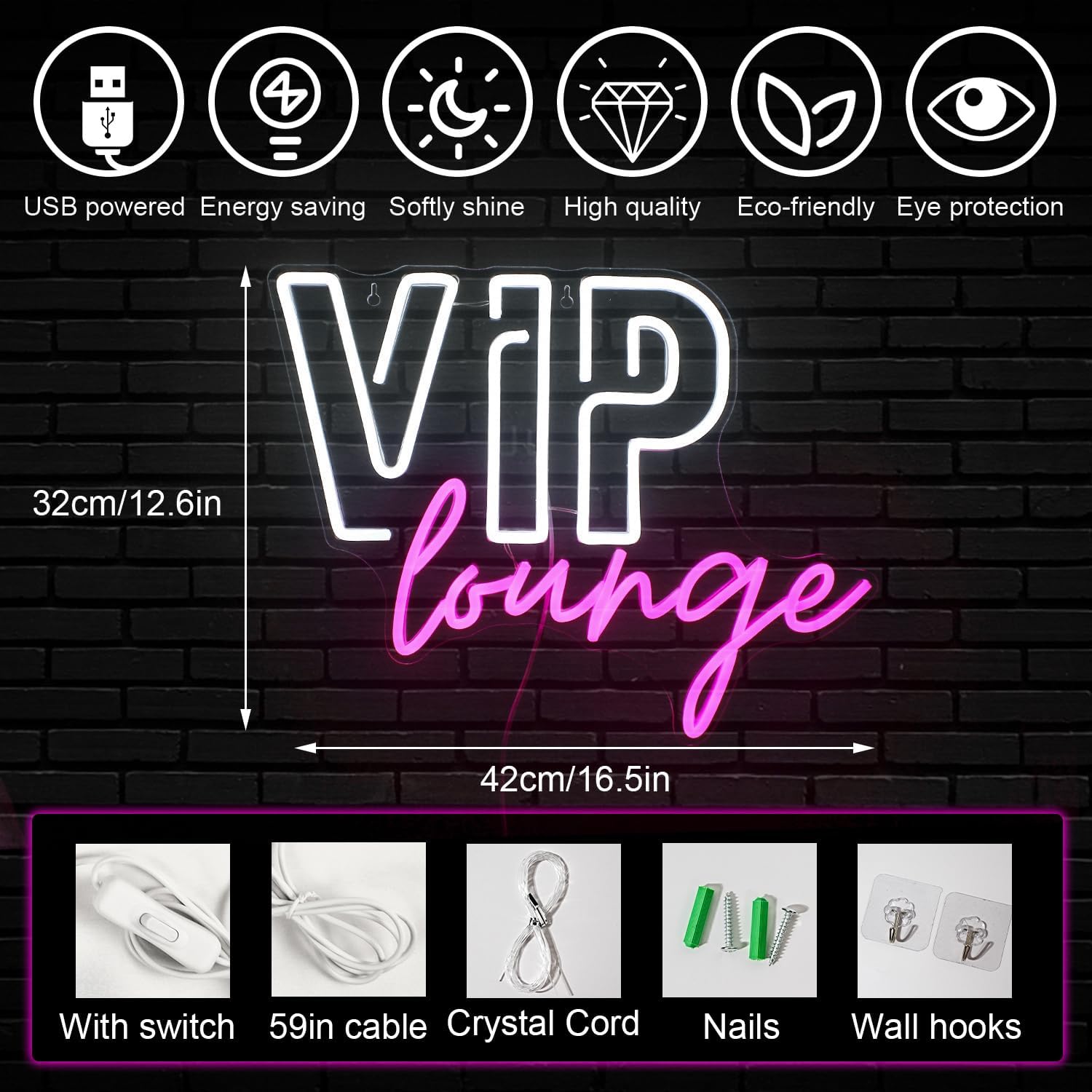 VIP Lounge Neon Sign – Pink & White LED Wall Decor Light – USB Powered Acrylic Neon Sign for Bar, Hotel, Café, or Home – Art Deco Style