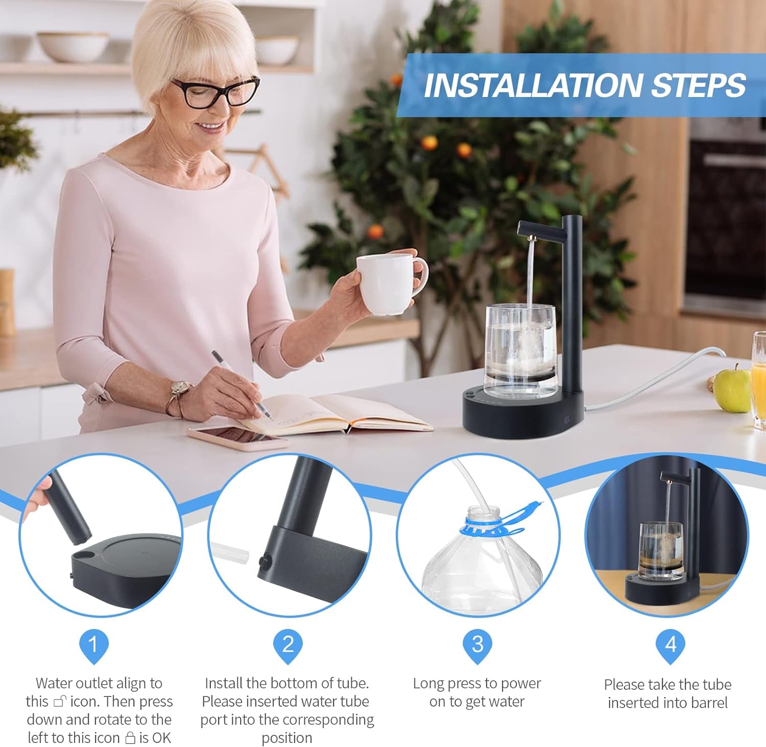 Desktop Water Bottle Dispenser – Portable Electric Water Pump for 5 Gallon & Universal Bottles – USB Rechargeable – Dark Blue