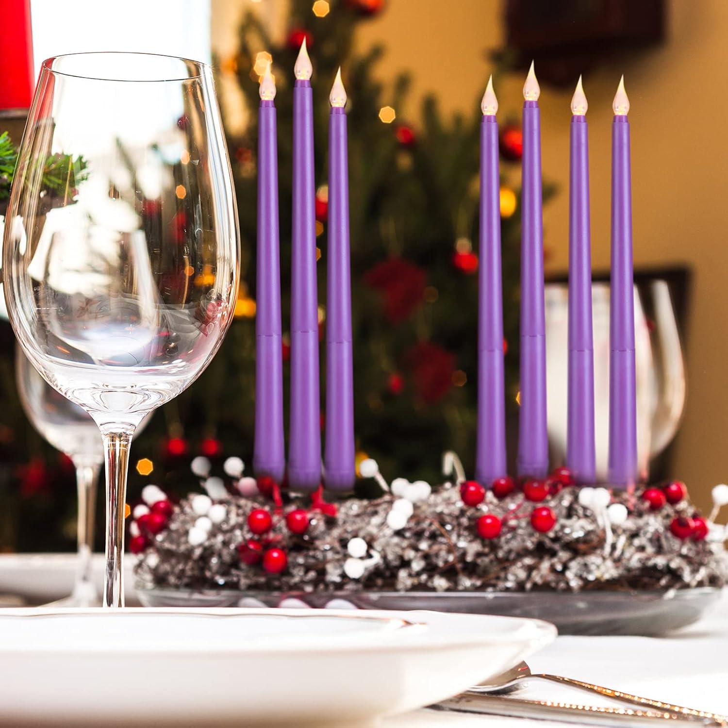 Enhon 7-Piece 10" Purple Flameless LED Taper Candles – Battery Operated Flickering Candles for Christmas, Weddings, Church, Rituals, and Holiday Decor