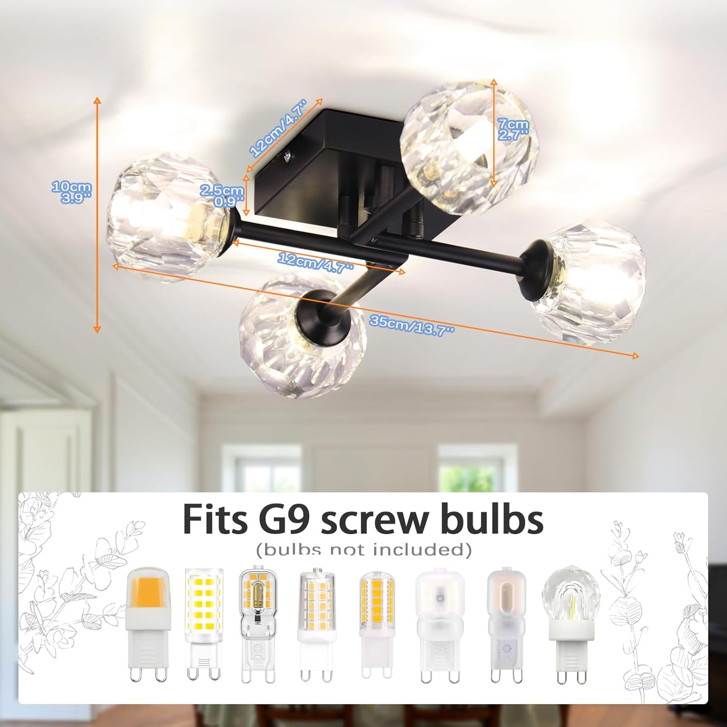 Sputnik Black Crystal 4-Light Semi Flush Mount Ceiling Light – Modern Industrial Chandelier with Round Crystal Shades, G9 LED Compatible