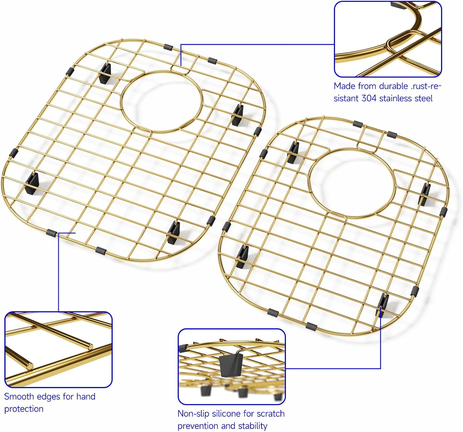 Sink Protectors for Kitchen Sink – Universal Double Bowl Bottom Grid, Offset Drain, Golden Stainless Steel, 11.6" x 13.12", 2-Pack