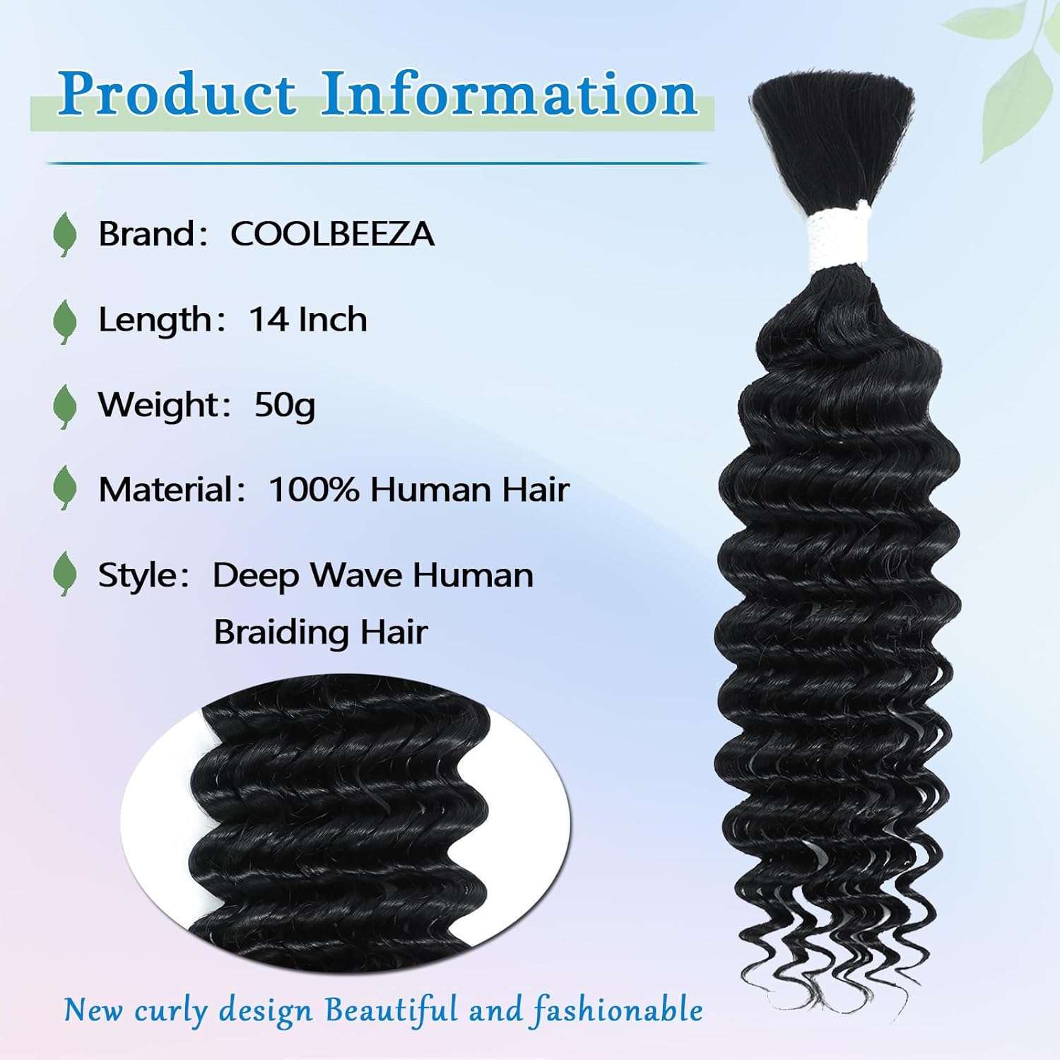 14” Deep Water Wave Human Braiding Hair – 50g 12A Brazilian Virgin Wavy Hair for Boho Braids – No Weft, 1B Natural Black