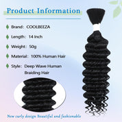 14” Deep Water Wave Human Braiding Hair – 50g 12A Brazilian Virgin Wavy Hair for Boho Braids – No Weft, 1B Natural Black