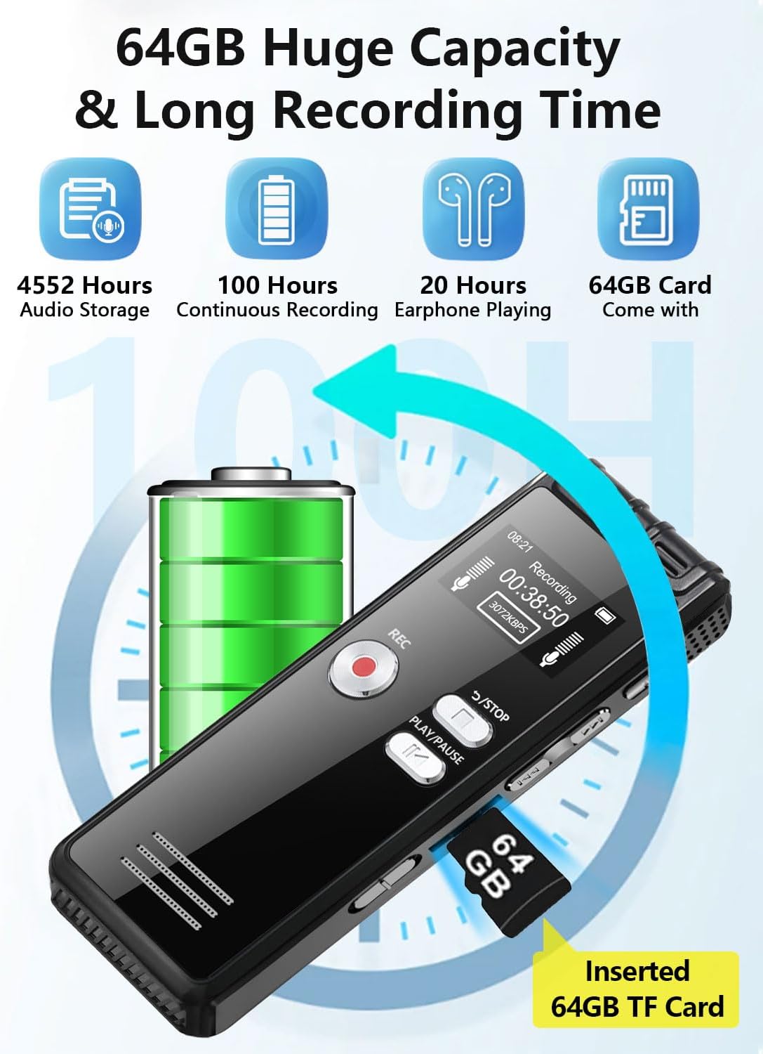 Crosseagle 64GB Digital Voice Activated Recorder – 4552 Hours, Dual MIC, Playback, MP3 Player, TF Card Included