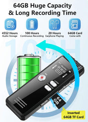 Crosseagle 64GB Digital Voice Activated Recorder – 4552 Hours, Dual MIC, Playback, MP3 Player, TF Card Included