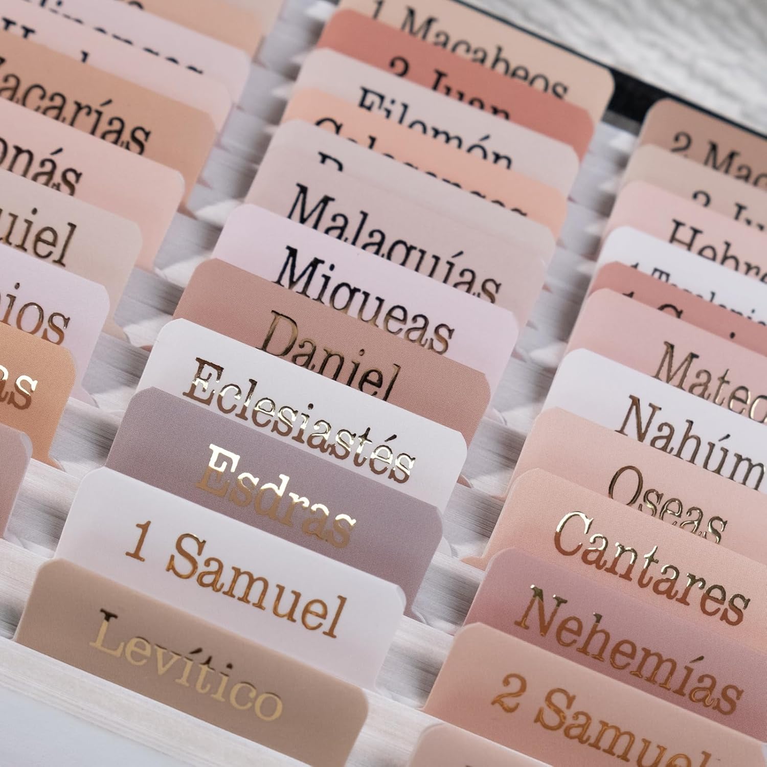 Spanish Laminated Bible Tabs – 80 Large Print Repositionable Tabs with Gold Foil Lettering – Easy-to-Apply Bible Index Tabs for Men & Women