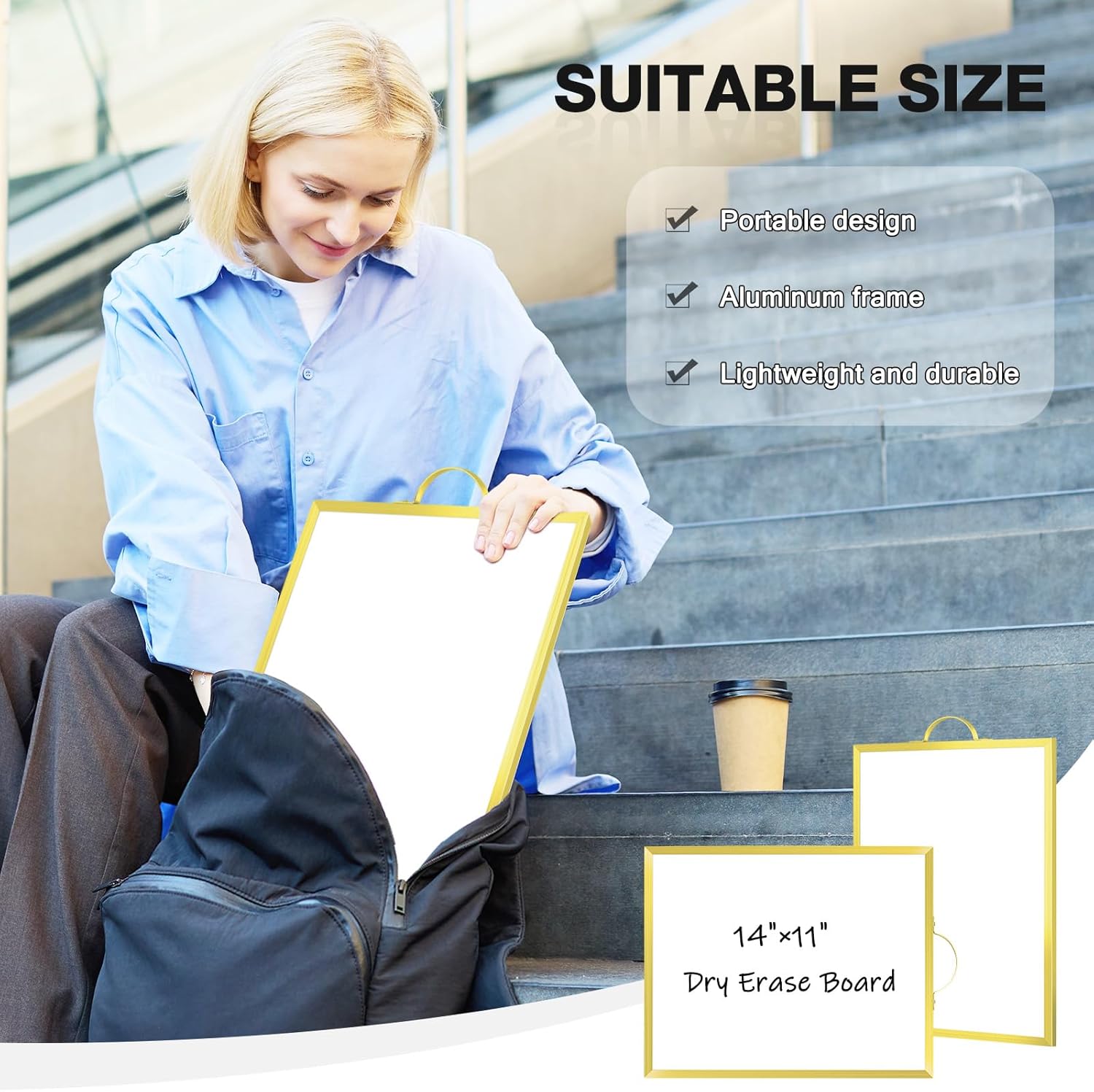 Double-Sided Magnetic White Board Dry Erase Board, 14"x11" Hanging Portable Whiteboard for Wall – Gold