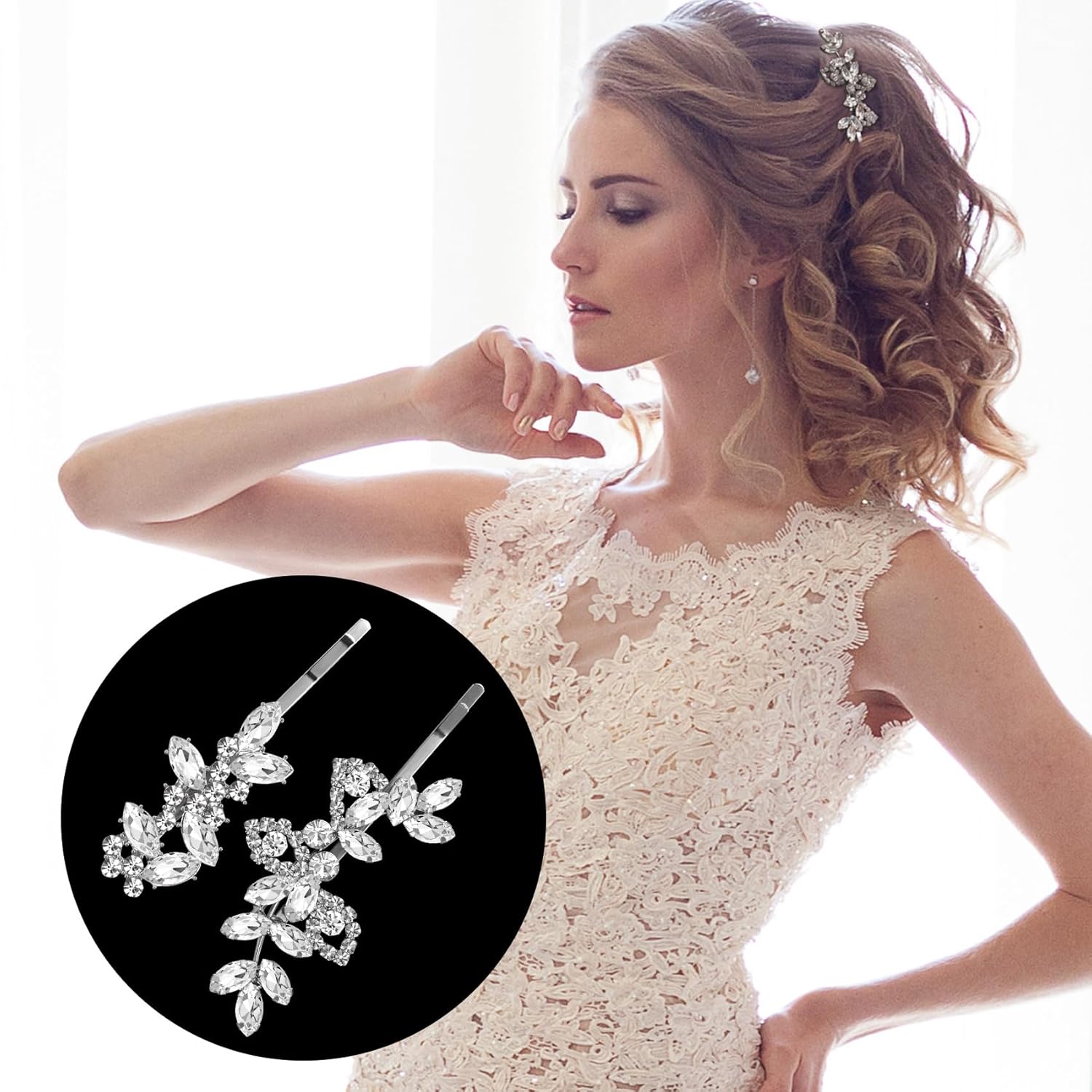 Isslly 4PCS Silver Rhinestones Hair Clips – Bridal Crystal Hair Pins in Leaf Design, French Style Barrettes for Women & Girls