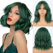 Aisaide Dark Green Wavy Bob Wig with Curtain Bangs – Short Synthetic Curly Wig for Women, Shoulder Length