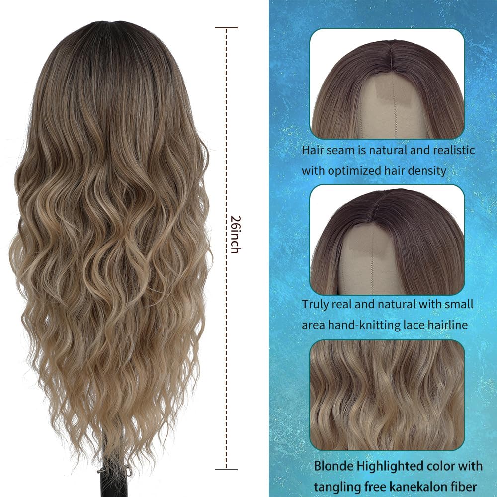 26" Long Wavy Curly Ombre Blonde Wig – Heat Resistant Synthetic Hair for Daily Wear & Party Use