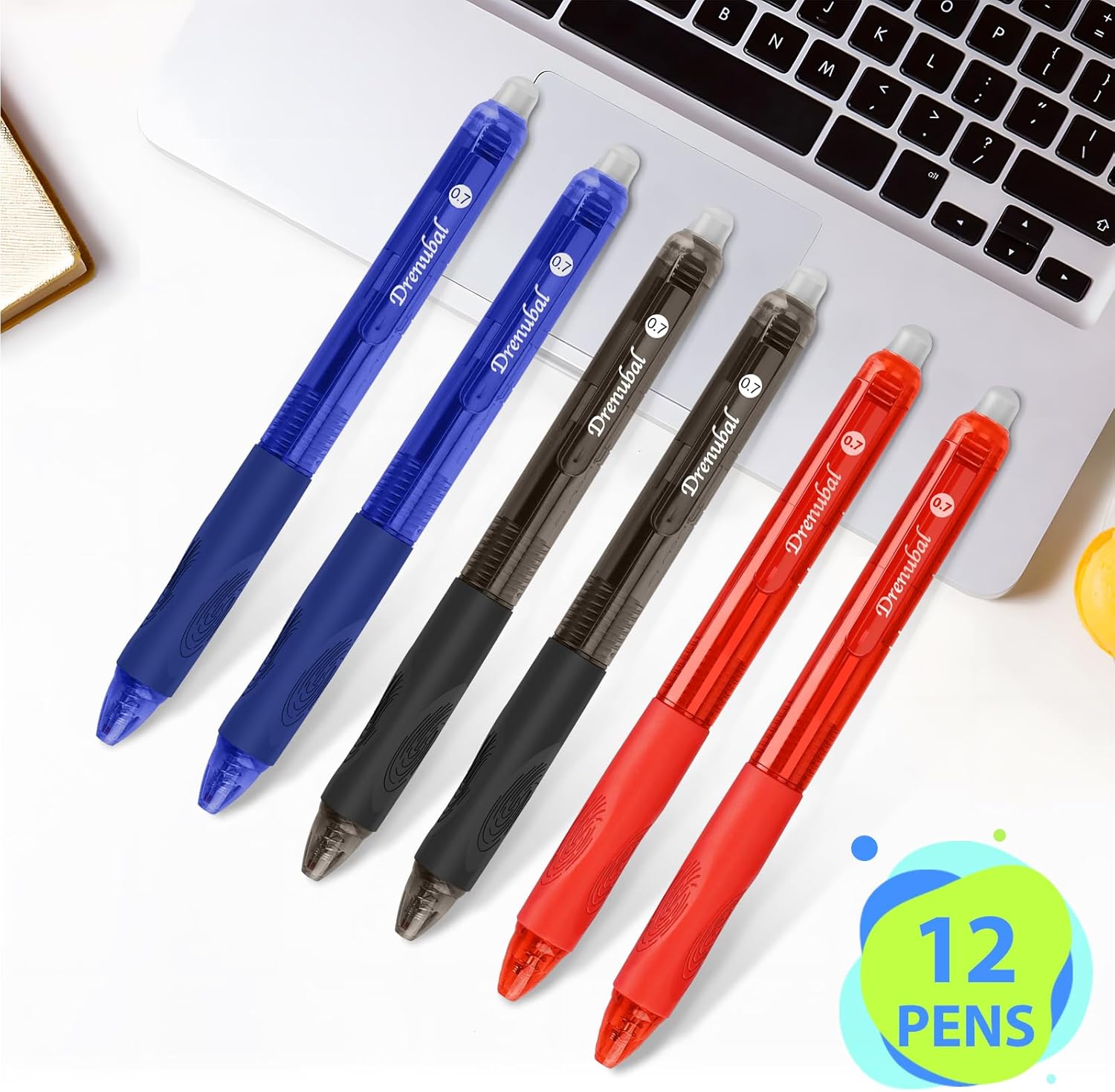 Drenubal 12-Pack Erasable Gel Pens – 0.7mm Black & Blue Ink, Quick-Drying, Comfort Grip, Multicolor Set for School, Office