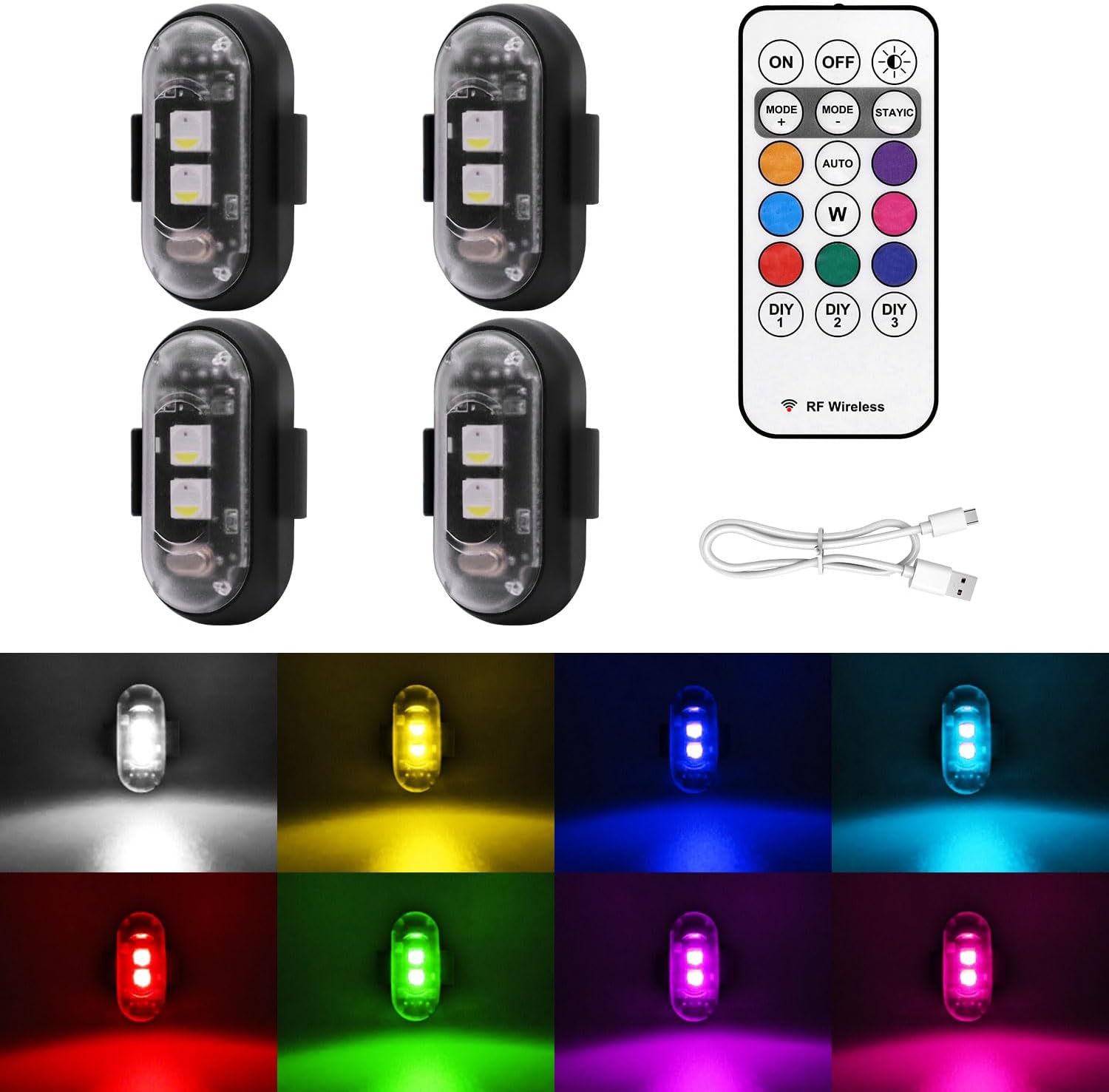 Elegananccy 4PCS Wireless LED Strobe Lights with Remote – 8 Color Waterproof Rechargeable Anti-Collision Emergency Lights for Car, Bike, Motorcycle, Drone, Aircraft