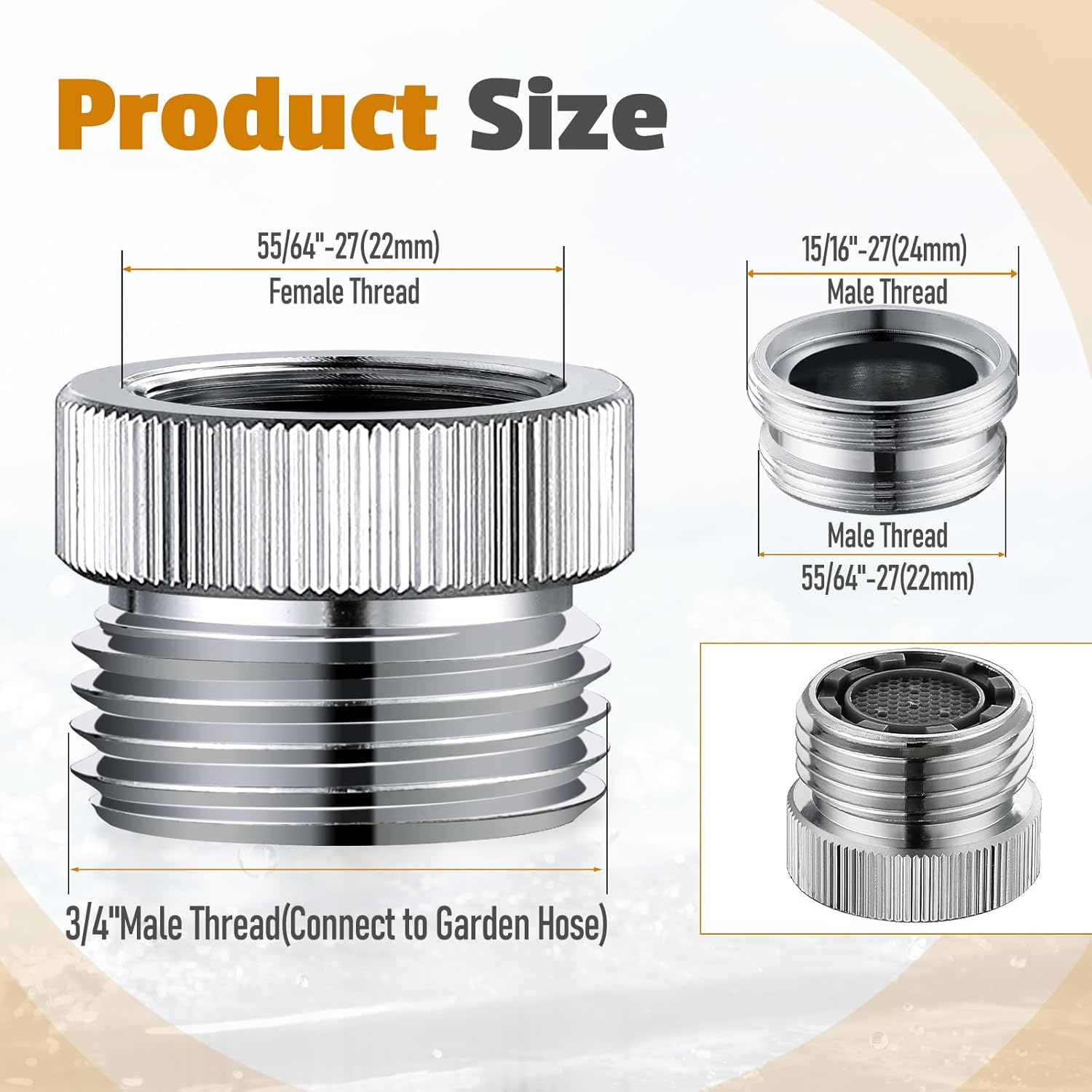 Faucet Adapter with Aerator – Sink Faucet to Garden Hose Adapter, 3/4" GHT Thread, Brass Chrome-Plated Connector