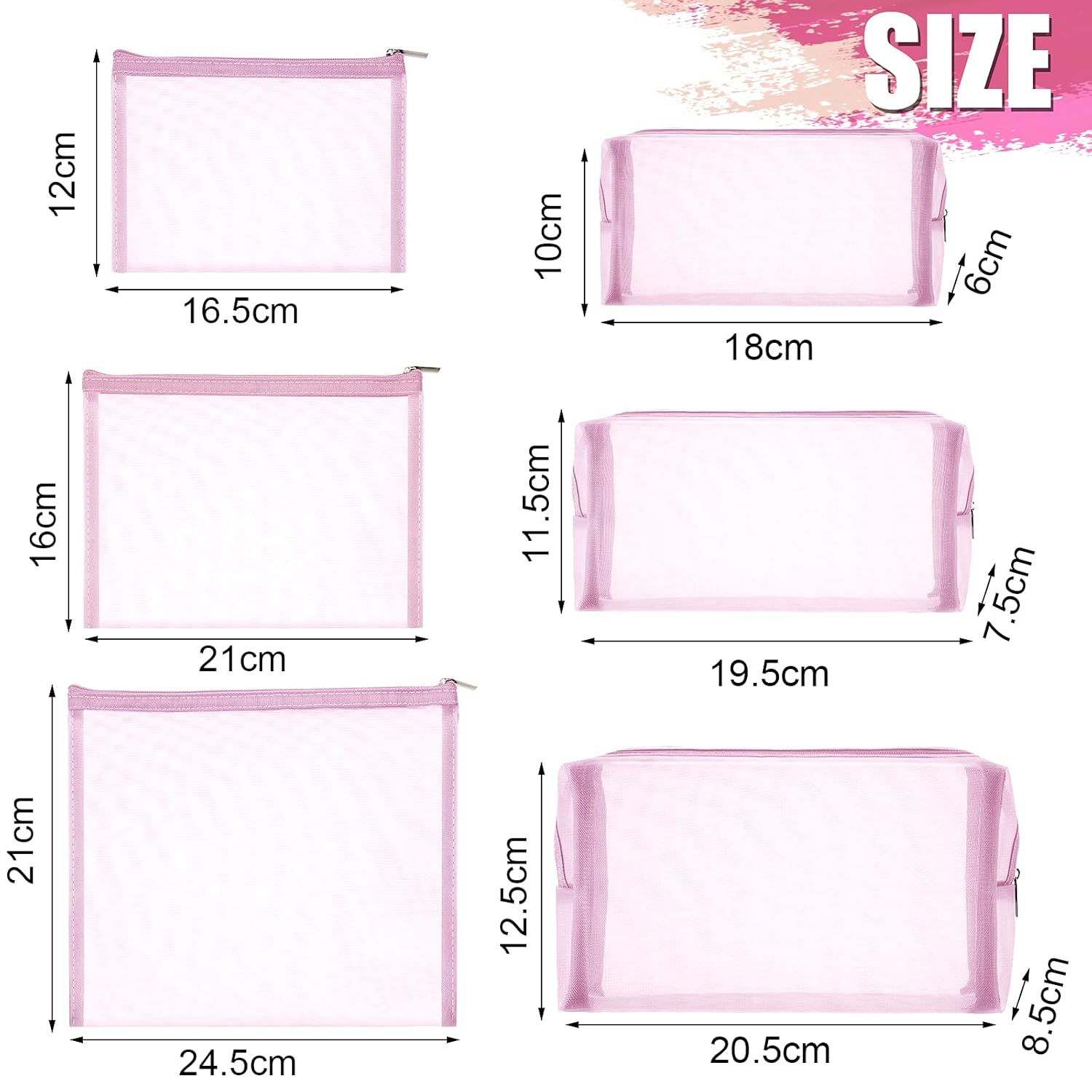 Boao 6-Piece Mesh Makeup Bags – Light Pink Nylon Travel Cosmetic Organizer Pouches with Zipper for Toiletries & Accessories