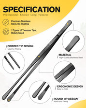 4 Pcs Fine Long Tweezer Tongs – 12" and 10" Professional Stainless Steel Tweezers for Kitchen, BBQ, Seafood, and Repairs (Black)